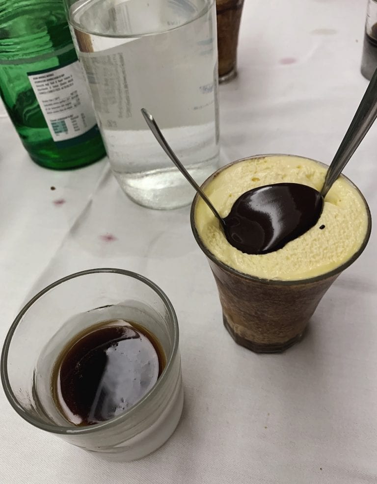 (Left) Noci liquore (Walnut liquor) (Right) Tiramisu in the glass as the most impressive italian desserts by velavevodetto in rome