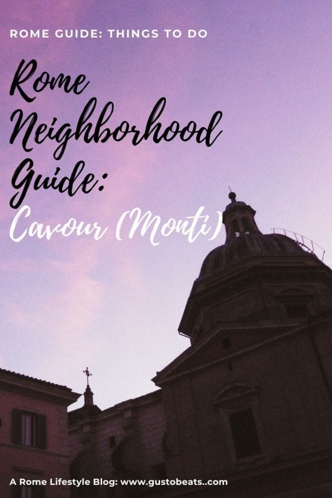 my favorite rome neighborhood_things to do in cavour_pinterest image with purple sunset