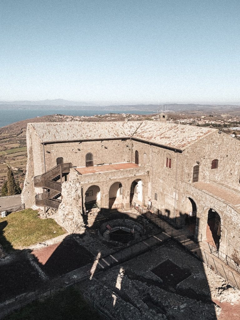 view from the tower of rocca dei papi and montefiascone city and the lake