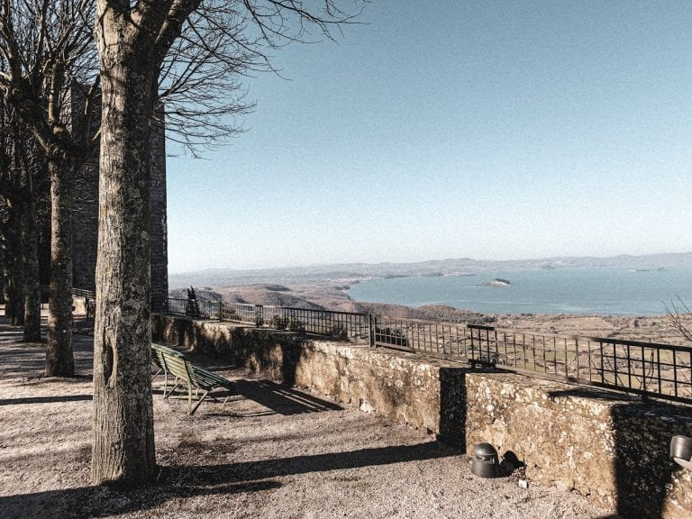 view of bolsena lake from the park under rocca dei papi in montefiascone