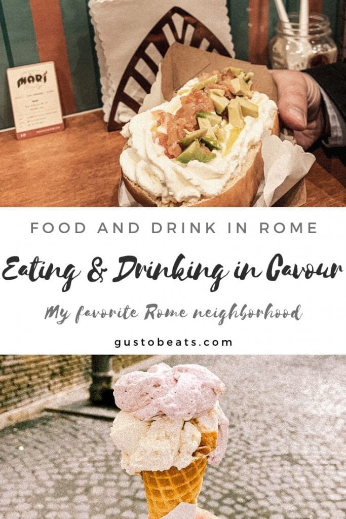 pinterest image for the new blog post about food and drink in cavour as my favorite rome neighborhood