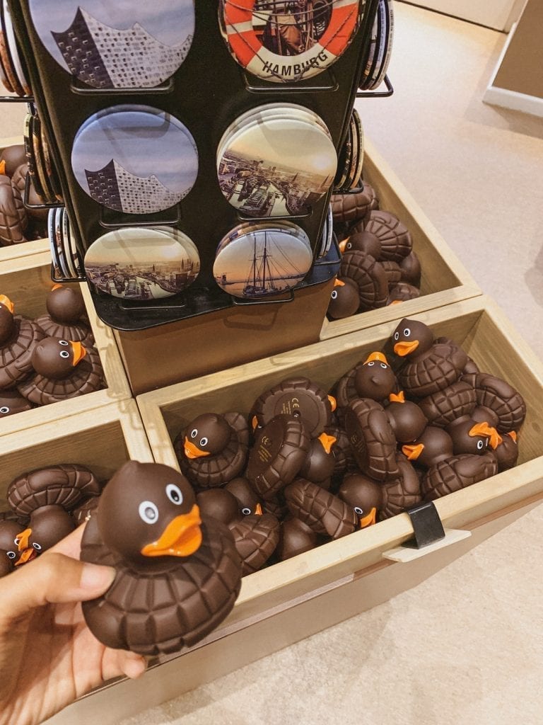 the cutest chocolate bath rubber duck in the gift shop of chocoversum chocolate museum in hamburg