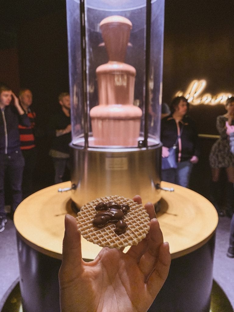 before starting the chocolate museum tour we are treated with a chocolate fountain