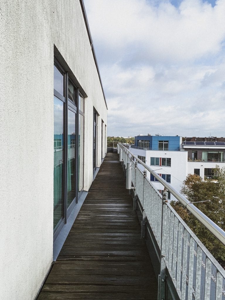 the long balcony is all connected for the guests in 25hours hotel in hamburg