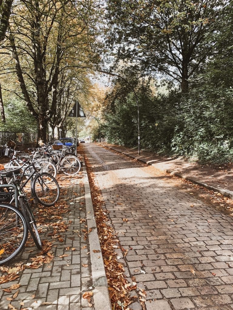 the cute and beautiful street near the hotel in the autumn of hamburg