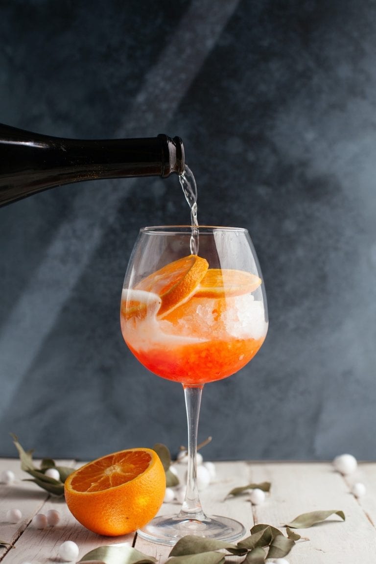 the popular italian cocktail spritz for their aperitivo culture has the lovely orange color and bitter sweet taste