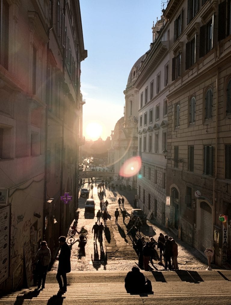 busy rome street near sunset hours recorded on my instagram to show the best sides of this eternal city to my instagram audience