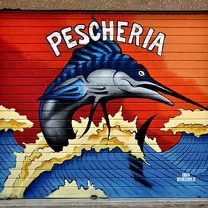 a fish shop has its roller shutter painted with colorful pescheria graffiti in Rome