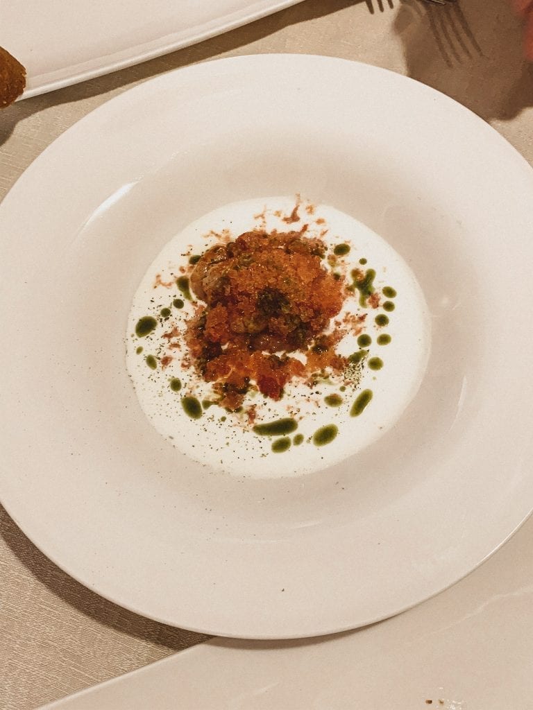 the signature starter with tomato granita from salamerci restaurant in Trapani city center