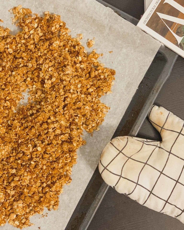 homemade granola with oats, raw honey, and extra virgin olive oil