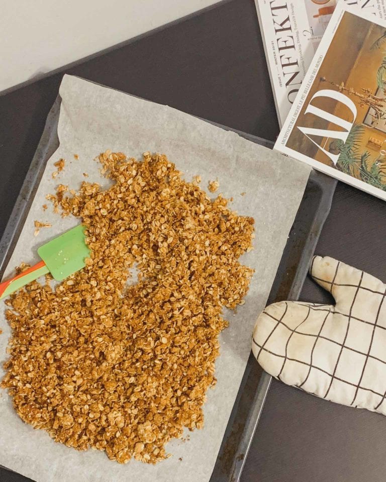 homemade granola with oats, raw honey, and extra virgin olive oil